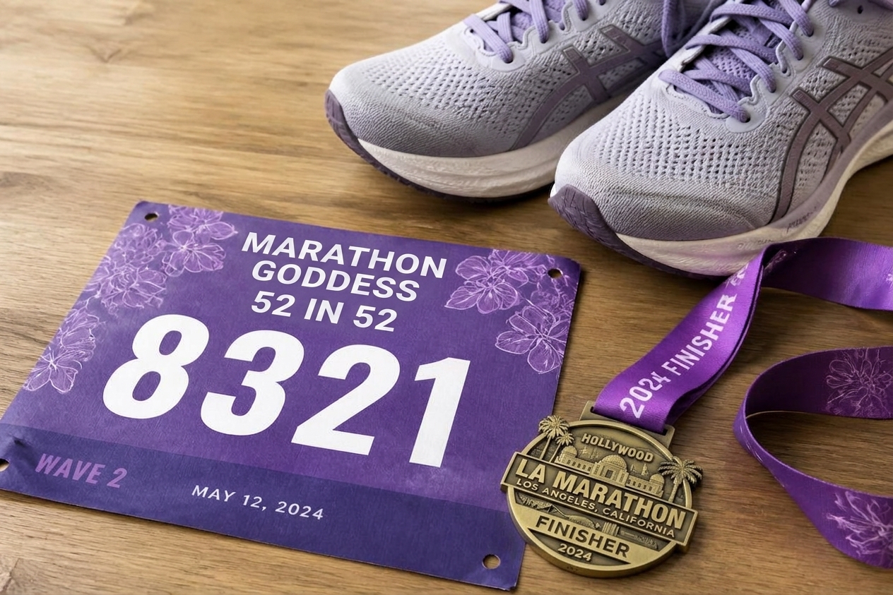 Marathon Goddess race bib, finisher medal and running shoes